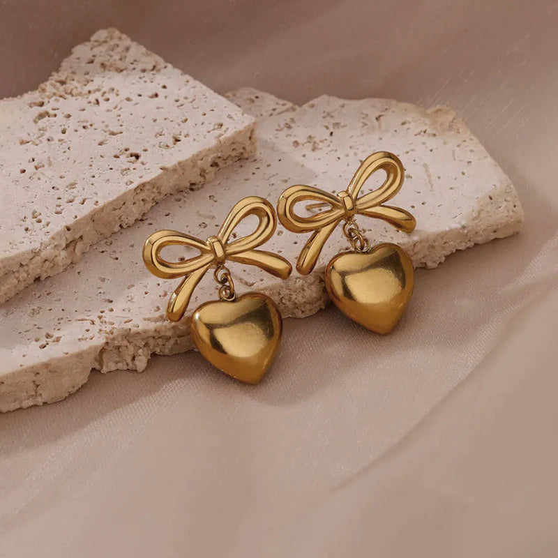 Bow & Heart Drop Earrings