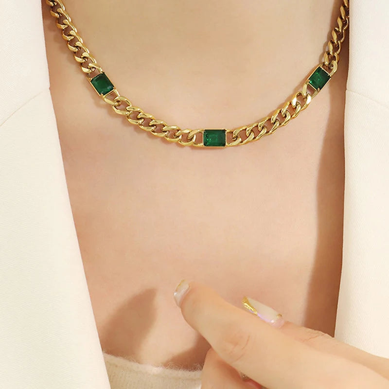 Emerald Accent Cuban Link Necklace