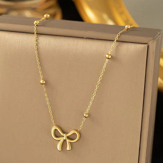 Bow Pendant Necklace with Beaded Chain