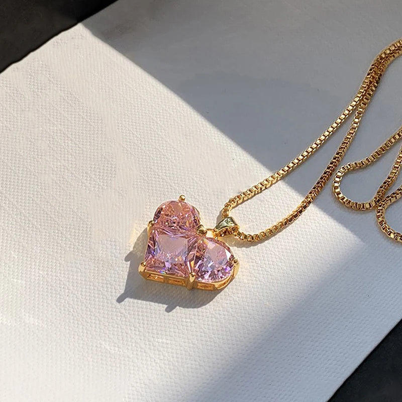 Pink Crystal Heart Pendant Necklace