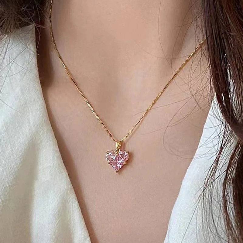 Pink Crystal Heart Pendant Necklace