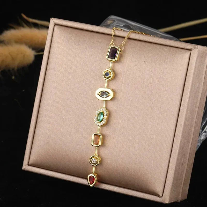 Rainbow Gemstone Linear Drop Necklace