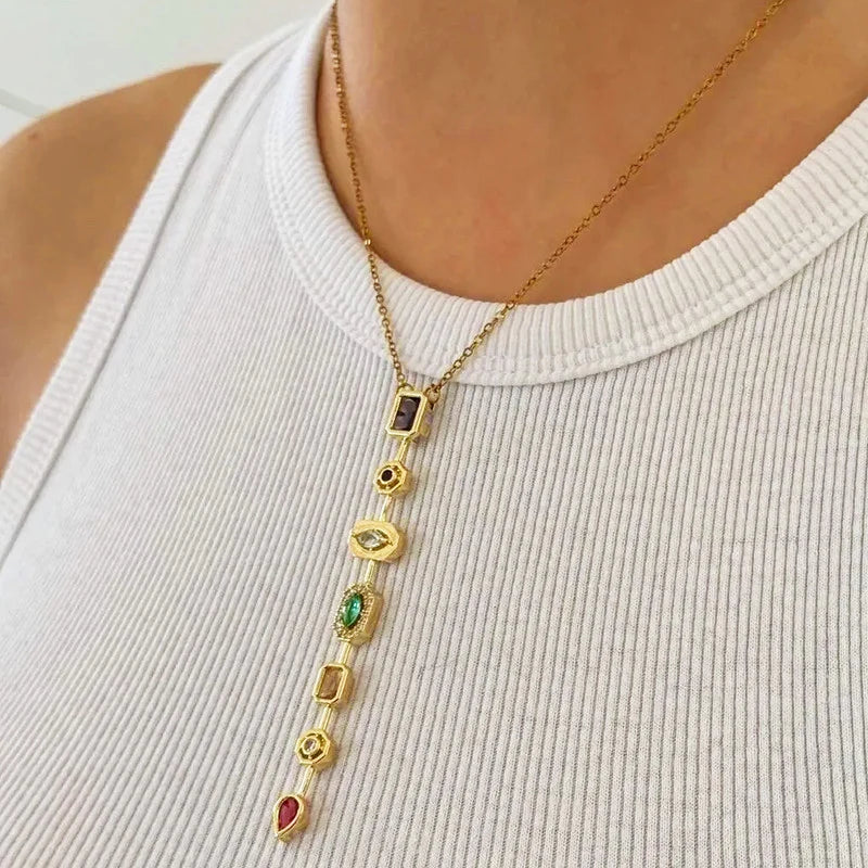 Rainbow Gemstone Linear Drop Necklace