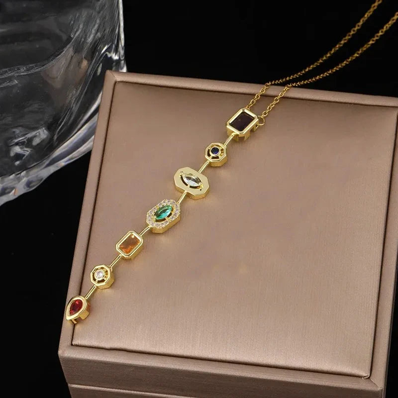 Rainbow Gemstone Linear Drop Necklace