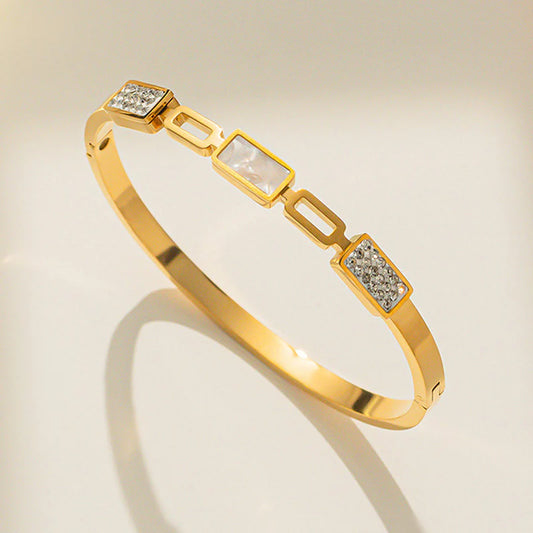 Geometric Link Bangle with Mother of Pearl & Crystals