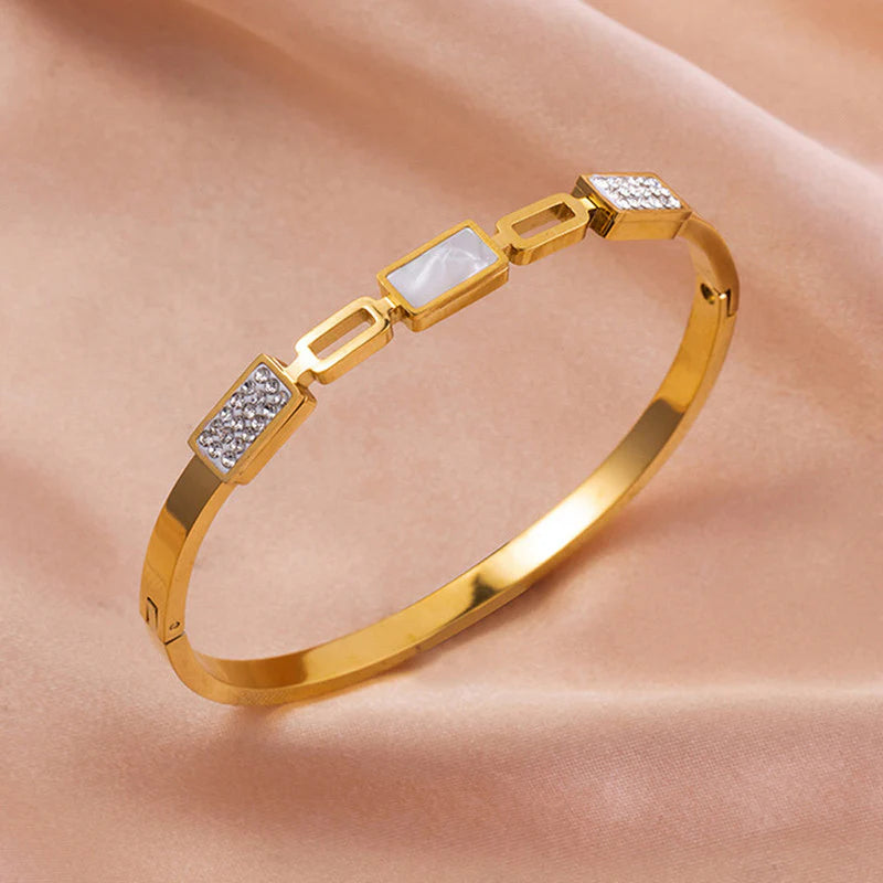 Geometric Link Bangle with Mother of Pearl & Crystals