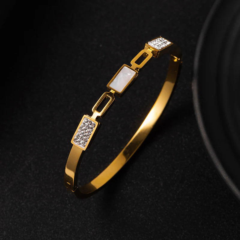 Geometric Link Bangle with Mother of Pearl & Crystals