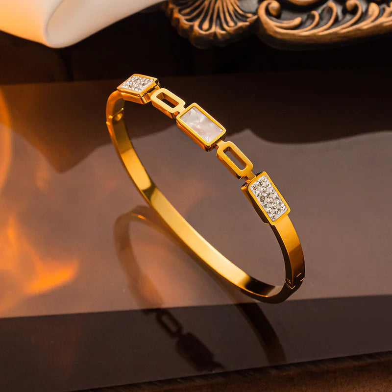 Geometric Link Bangle with Mother of Pearl & Crystals