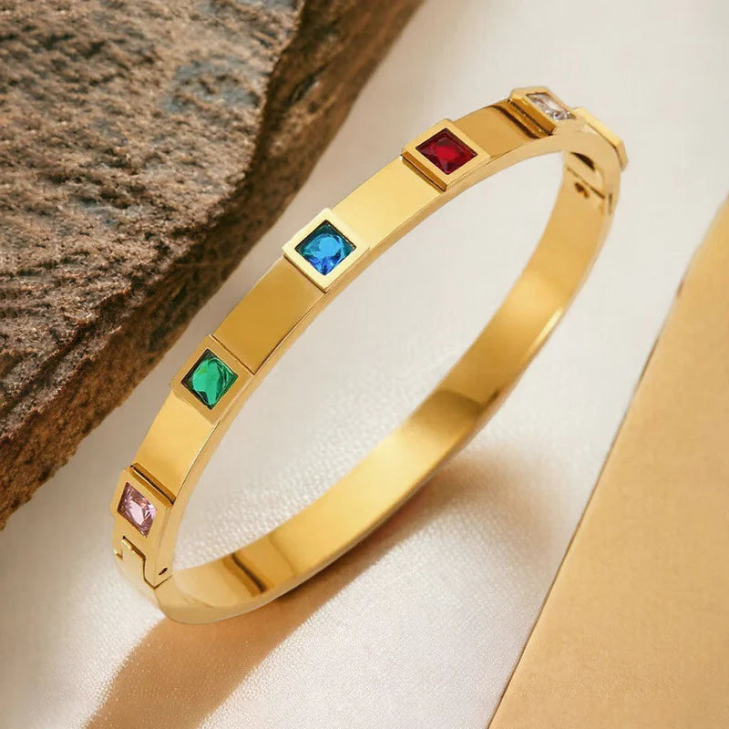 Multi-Color Gemstone Gold Bangle
