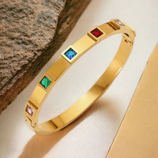 Multi-Color Gemstone Gold Bangle