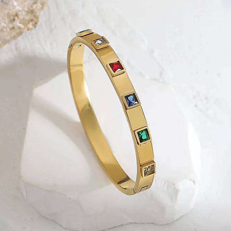 Multi-Color Gemstone Gold Bangle