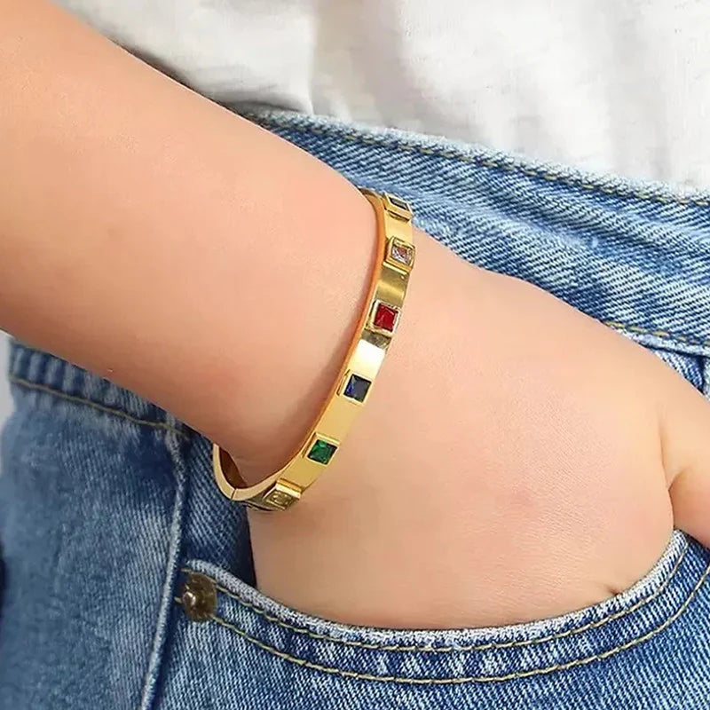 Multi-Color Gemstone Gold Bangle